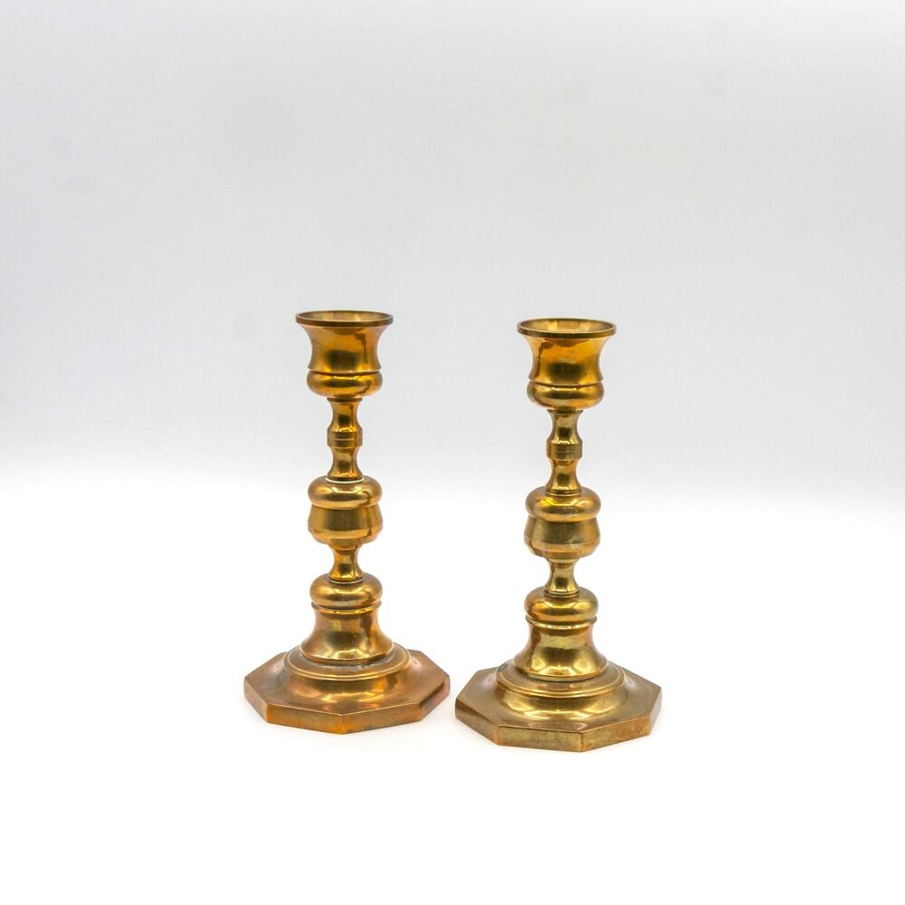 Vintage Mid-Century USA Solid Brass Octagon Base 6" Candlesticks Set of 2